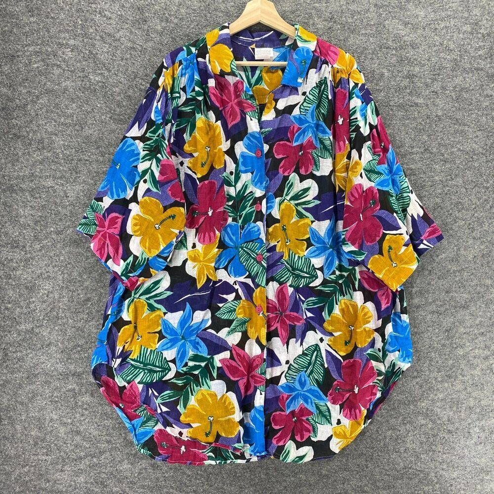 Adonna Leisure Wear Top Women L Large Floral Button Up Short Sleeve Cotton